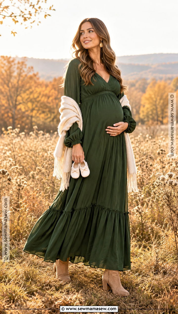 Forest Green Maxi Dress Pregnancy Announcement Outfit - 20 Fall Pregnancy Announcement Outfit Ideas