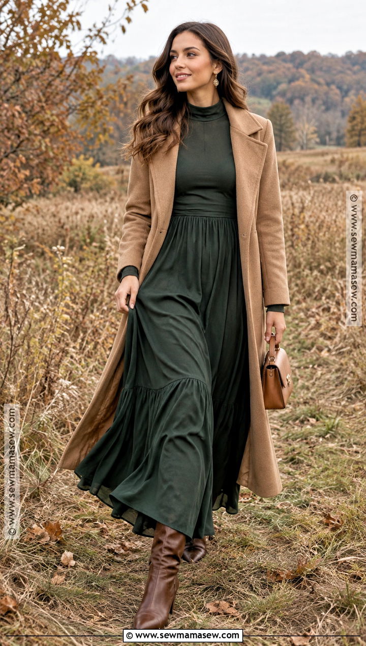 Forest Green Maxi Dress and Camel Coat Photo Shoot Outfit - 15 November Photo Shoot Outfits
