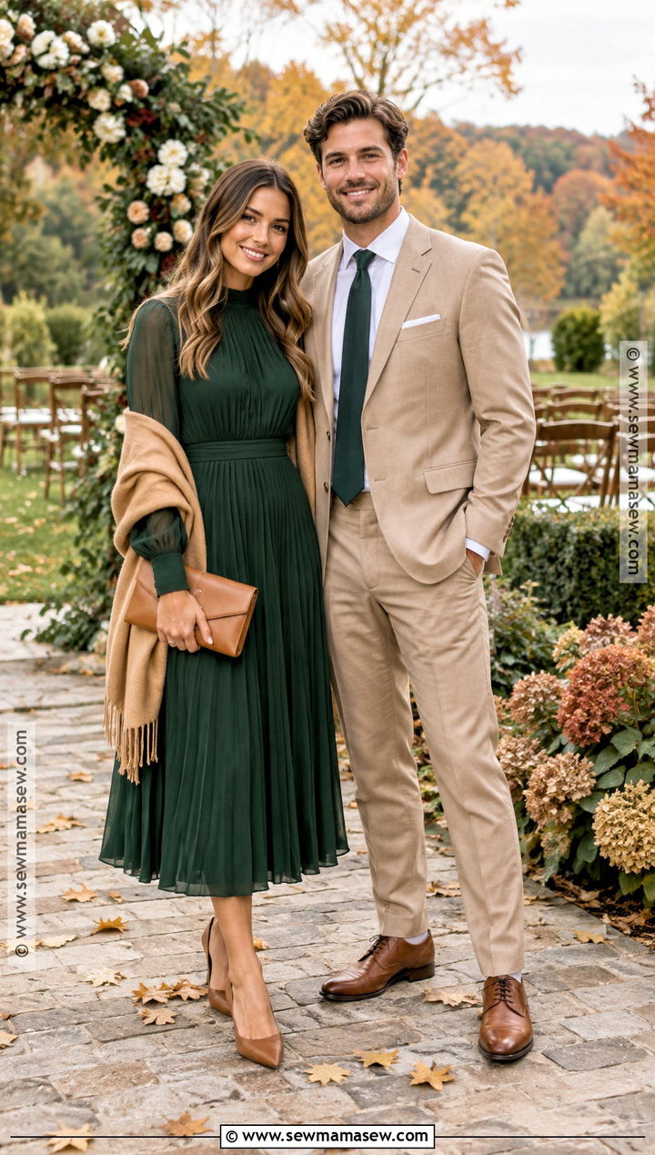 Forest Green Midi Dress And Tan Suit Fall Wedding Guest Outfit - 15 couples wedding guest outfits fall