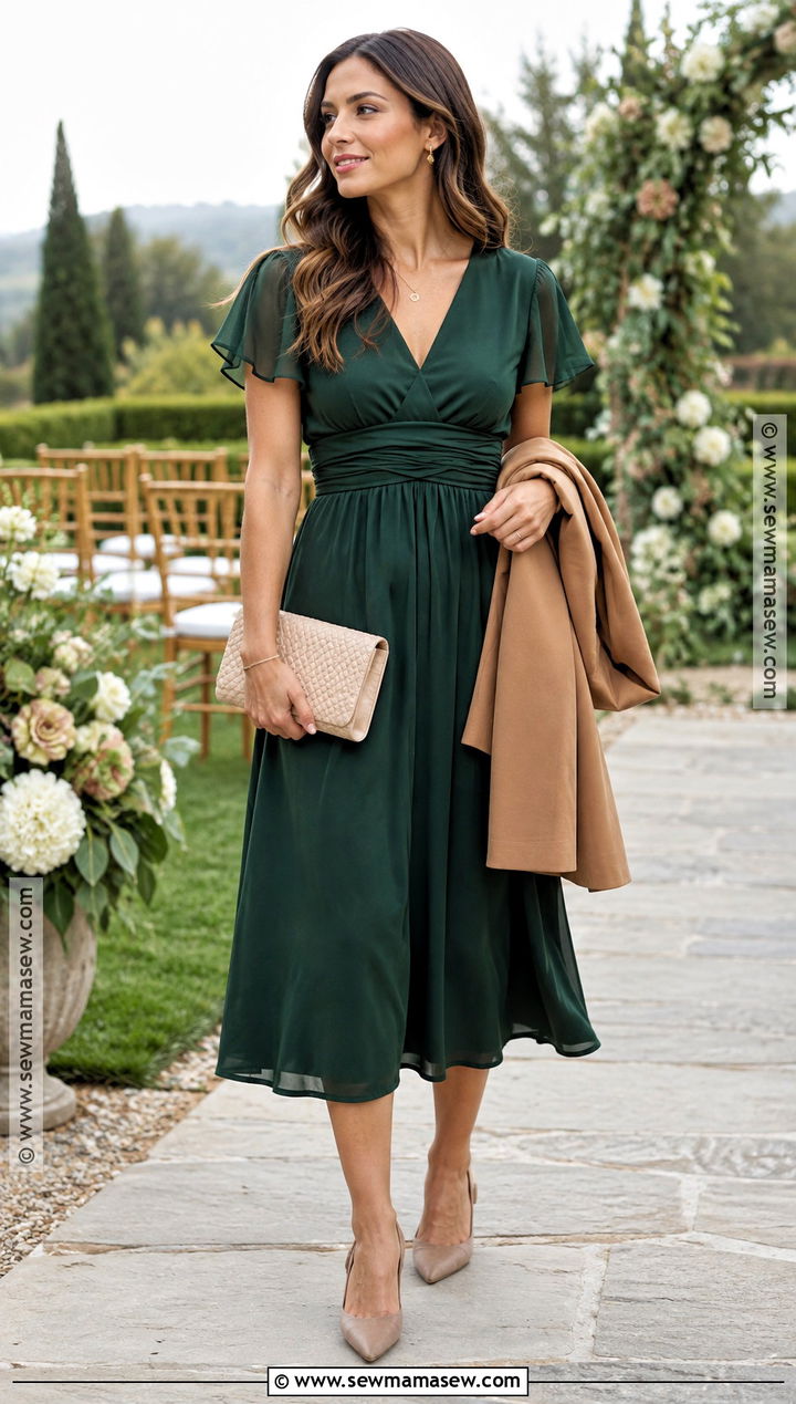 Forest Green Midi Dress Fall Wedding Guest Outfit - 25 casual fall wedding outfit guest ideas