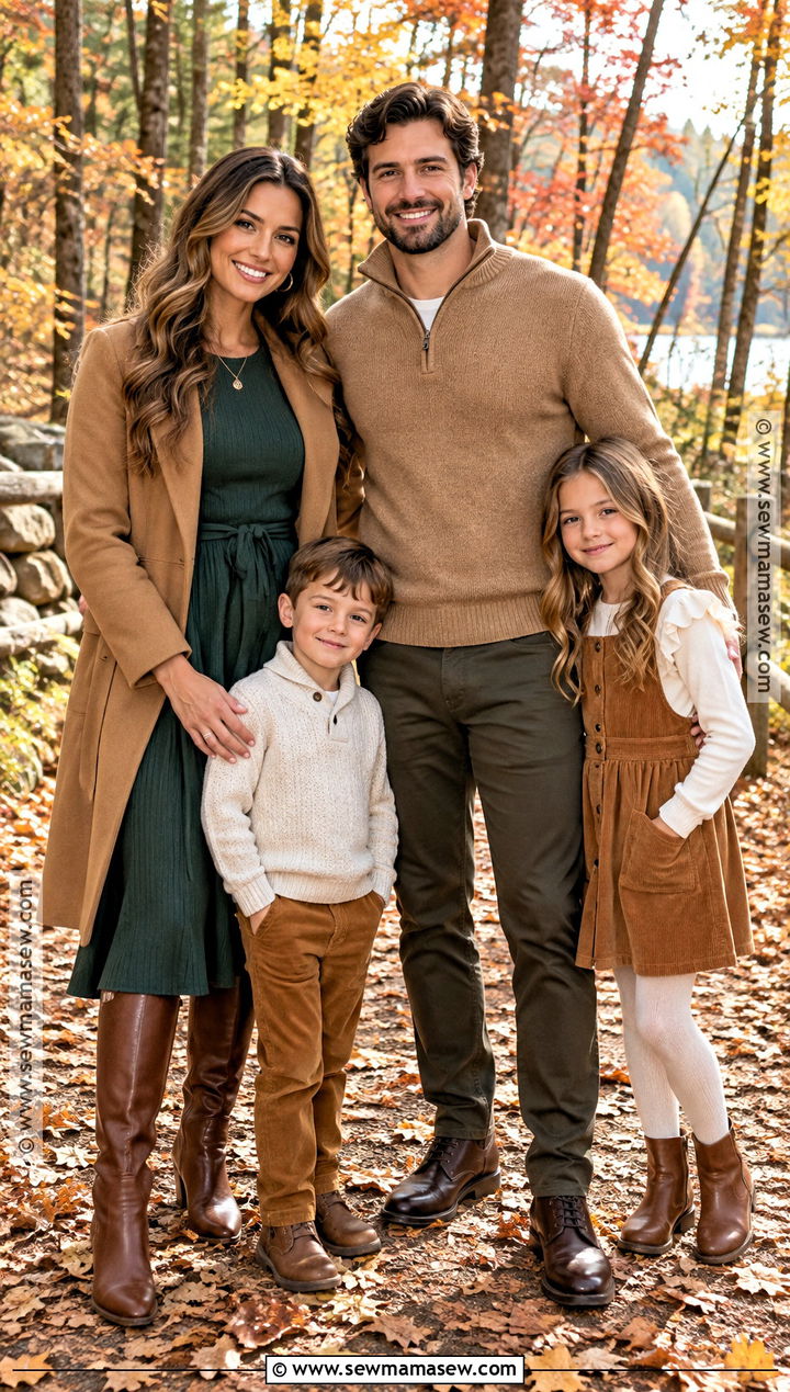 Forest Green Midi Dress With Camel Family Outfits - 15 Green Dress Fall Family Photos Ideas