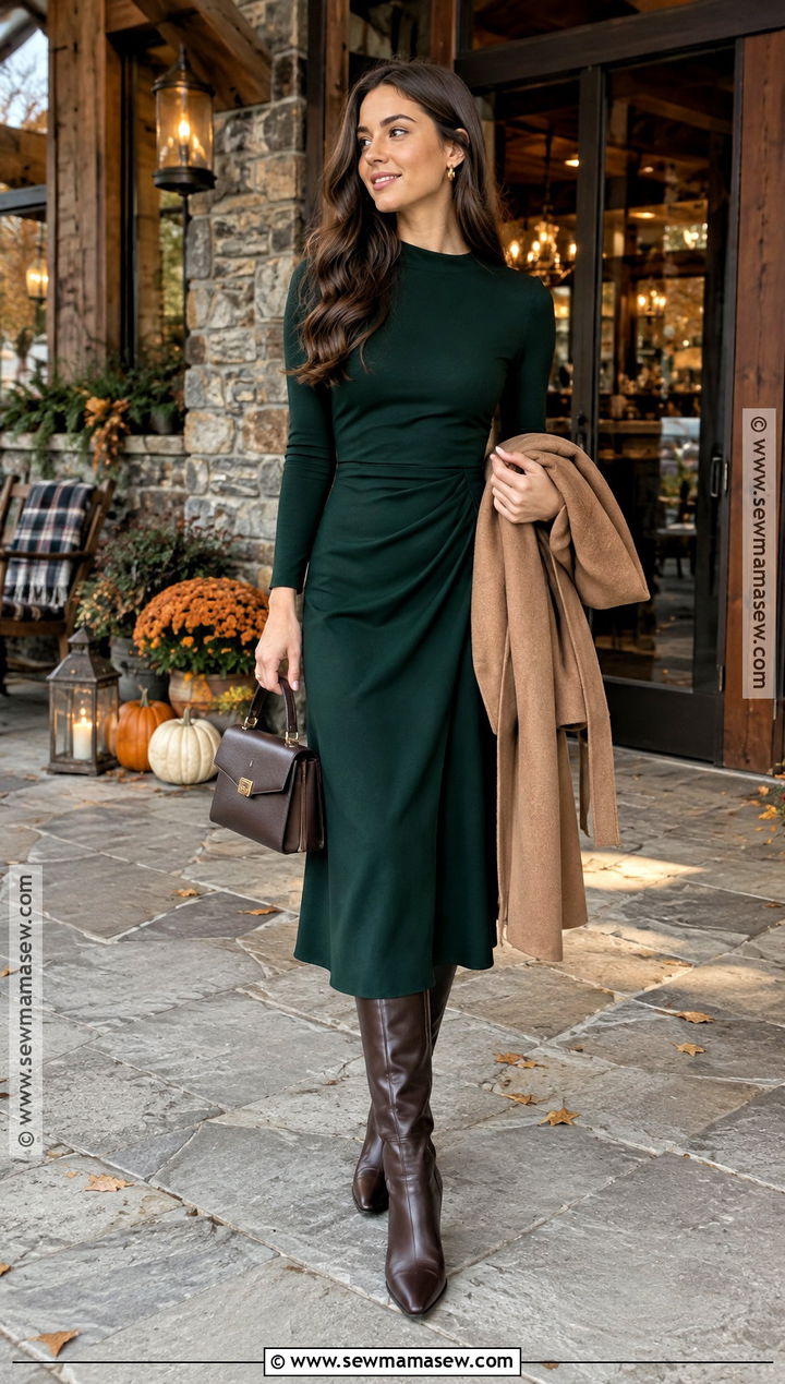 Forest Green Midi Dress With Knee High Boots - 20 fall rehearsal dinner outfit ideas