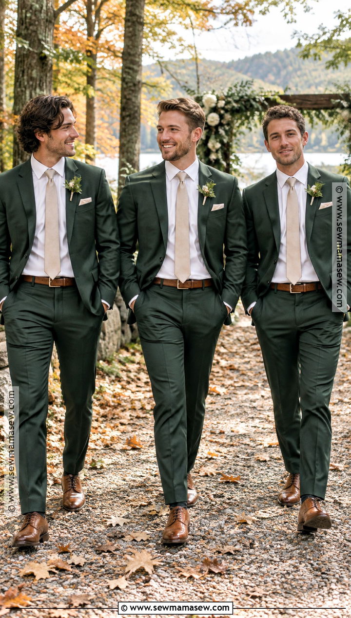 Forest Green October Groomsmen Suit With Tan Accessories - 15 october groomsmen attire ideas
