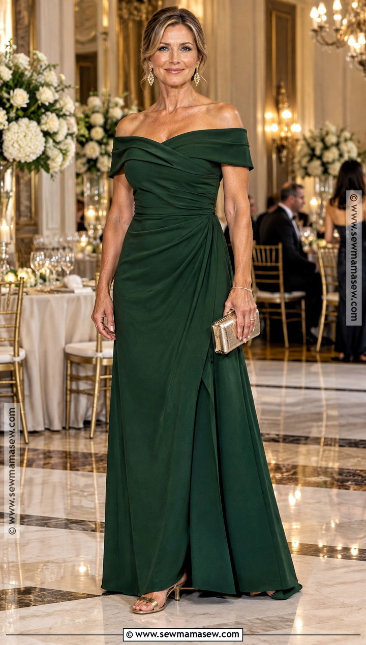 Forest Green Off the Shoulder Mother of the Bride Gown - 25 fall mother of the bride dresses