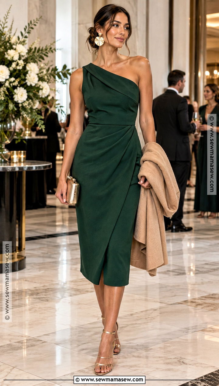 Forest Green One Shoulder Dress Outfit - 20 fall cocktail wedding guest dress ideas