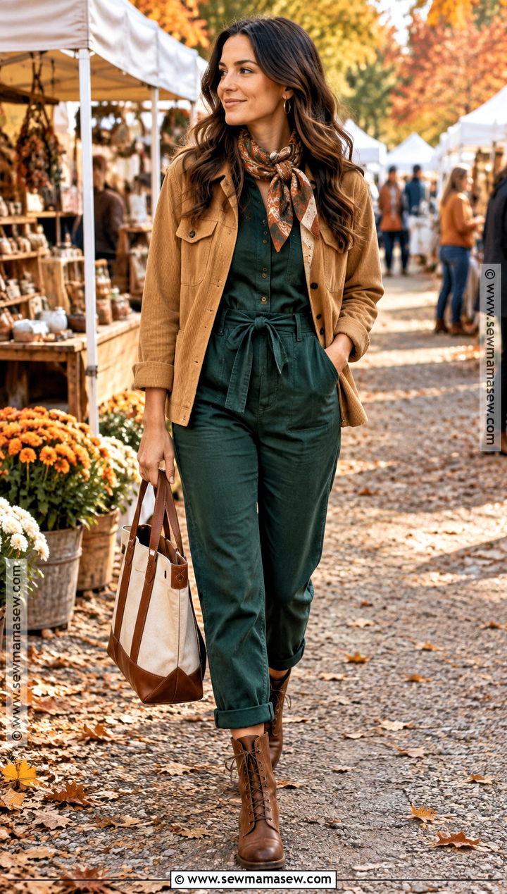Forest Green Onesie With Corduroy Jacket and Boots - 15 onesie fall outfit ideas