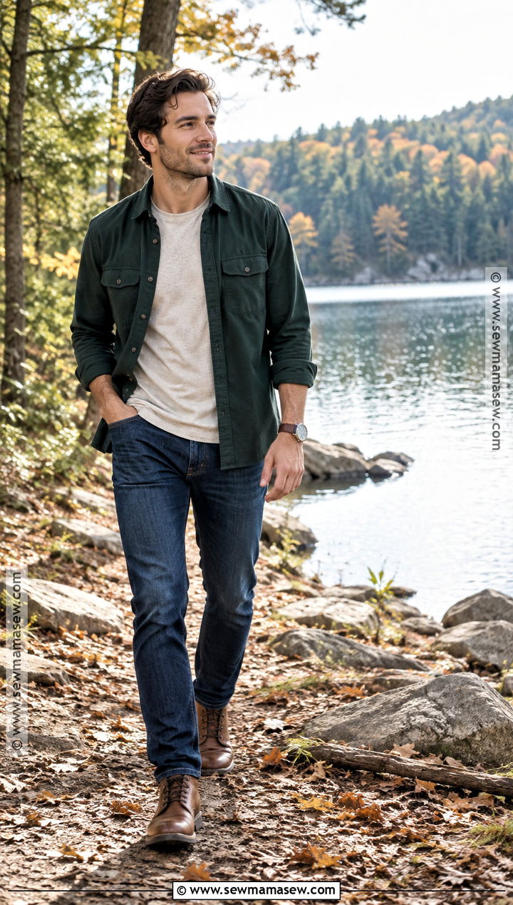 Forest Green Overshirt With T Shirt And Jeans - 15 engagement photos outfits men fall