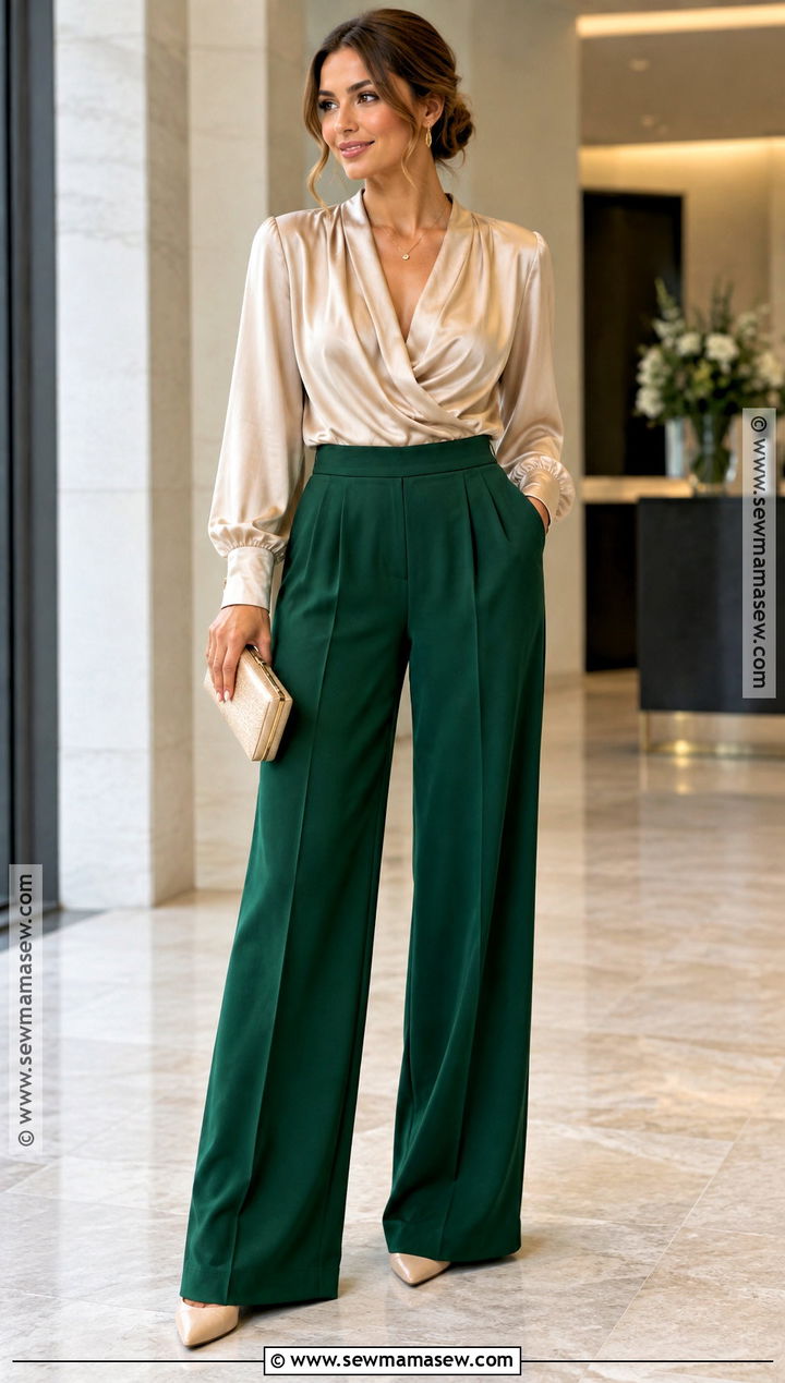 Forest Green Pants And Blouse Fall Wedding Guest Outfit - 20 fall wedding guest outfit casual ideas