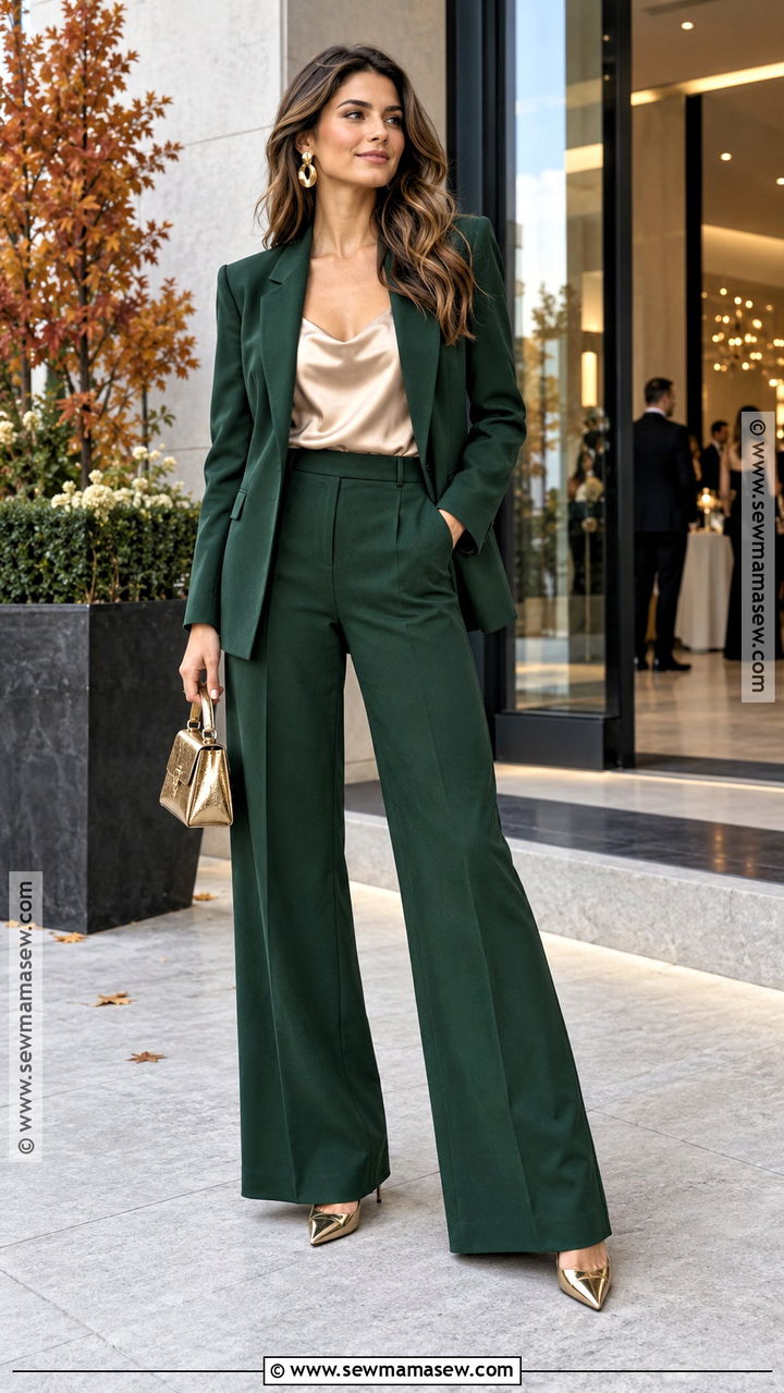 Forest Green Pantsuit Fall Cocktail Outfit - 20 fall cocktail outfit ideas