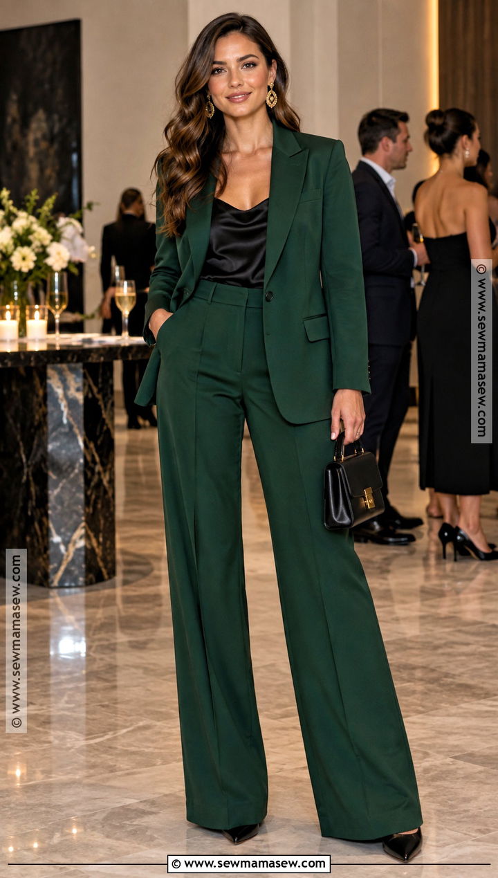 Forest Green Pantsuit Fall Cocktail Outfit - 20 Fall Cocktail Attire Ideas for Women