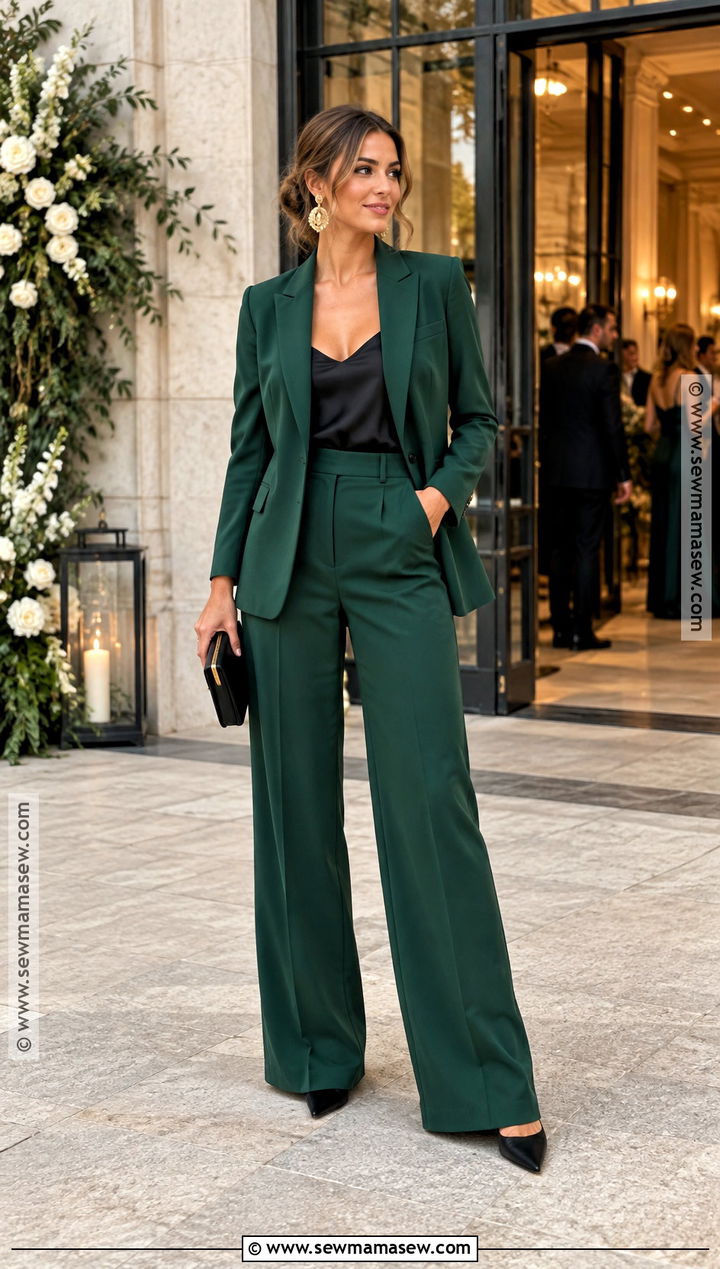 Forest Green Pantsuit With Heels Wedding Outfit - 15 autumn chic wedding outfit ideas