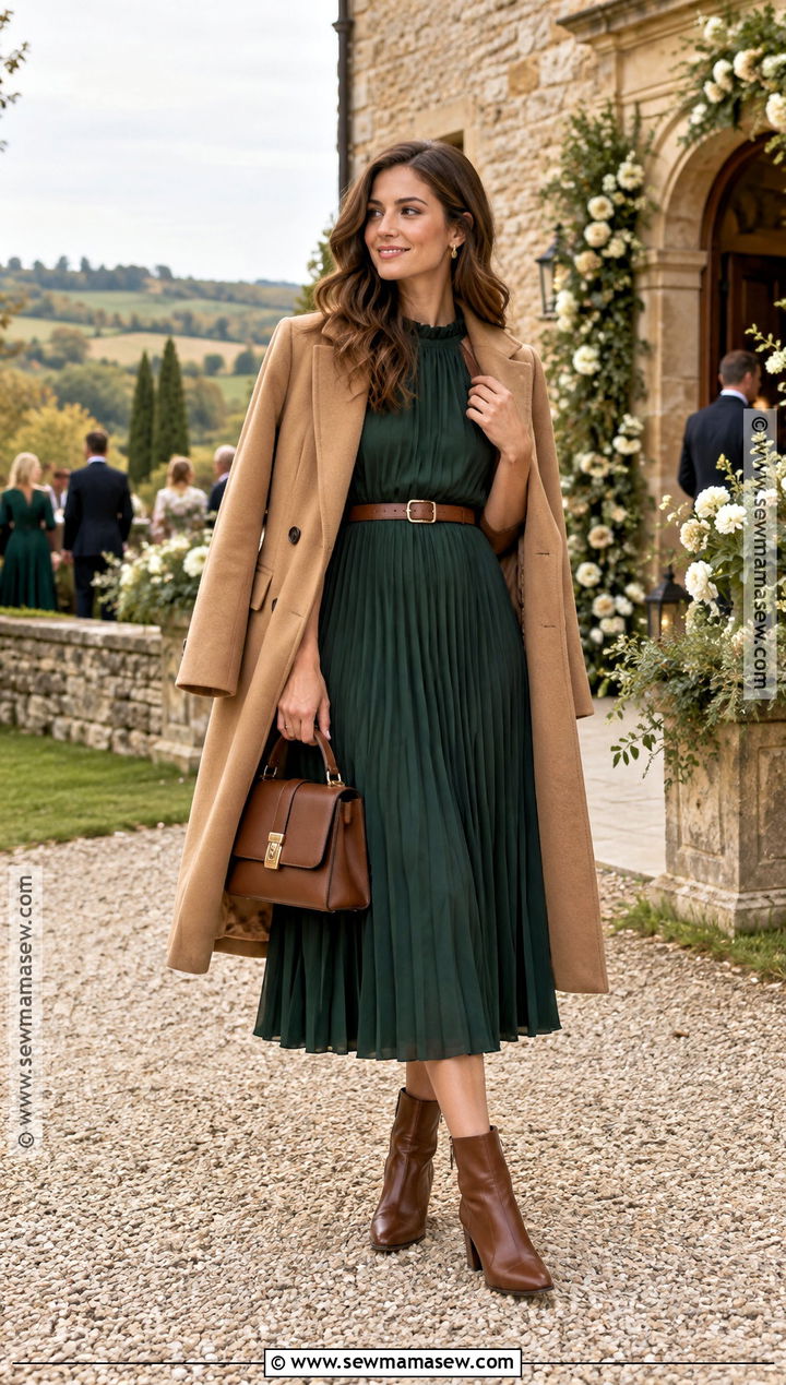 Forest Green Pleated Dress Country Wedding Guest Outfit - 15 country fall wedding outfit guest ideas