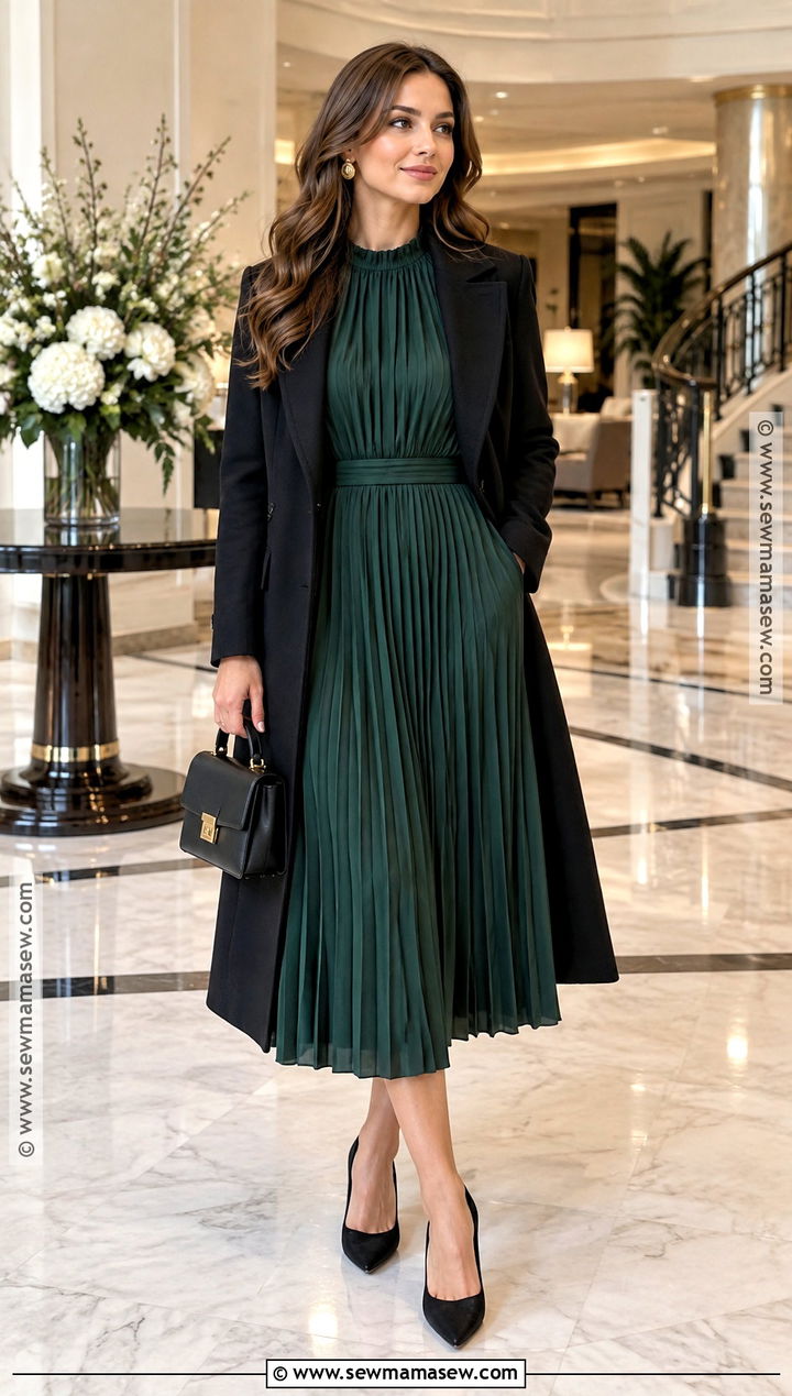 Forest Green Pleated Dress Fall Cocktail Outfit - 20 fall cocktail party outfit ideas