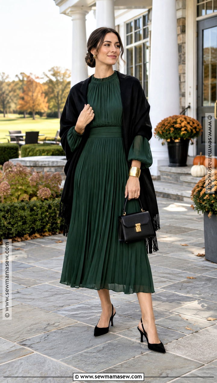 Forest Green Pleated Dress October Wedding Guest Outfit - 20 Wedding Guest October Outfit Ideas