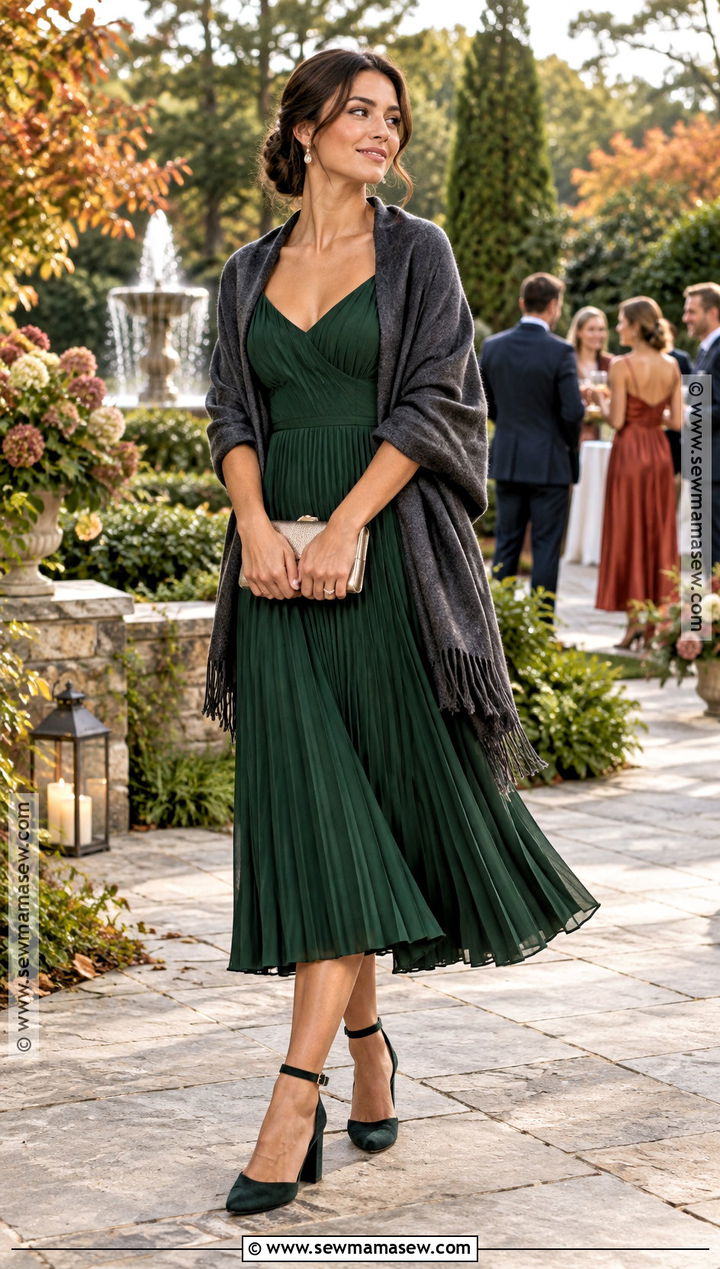 Forest Green Pleated Dress With Shawl Outfit - 15 outside fall wedding outfit guest ideas