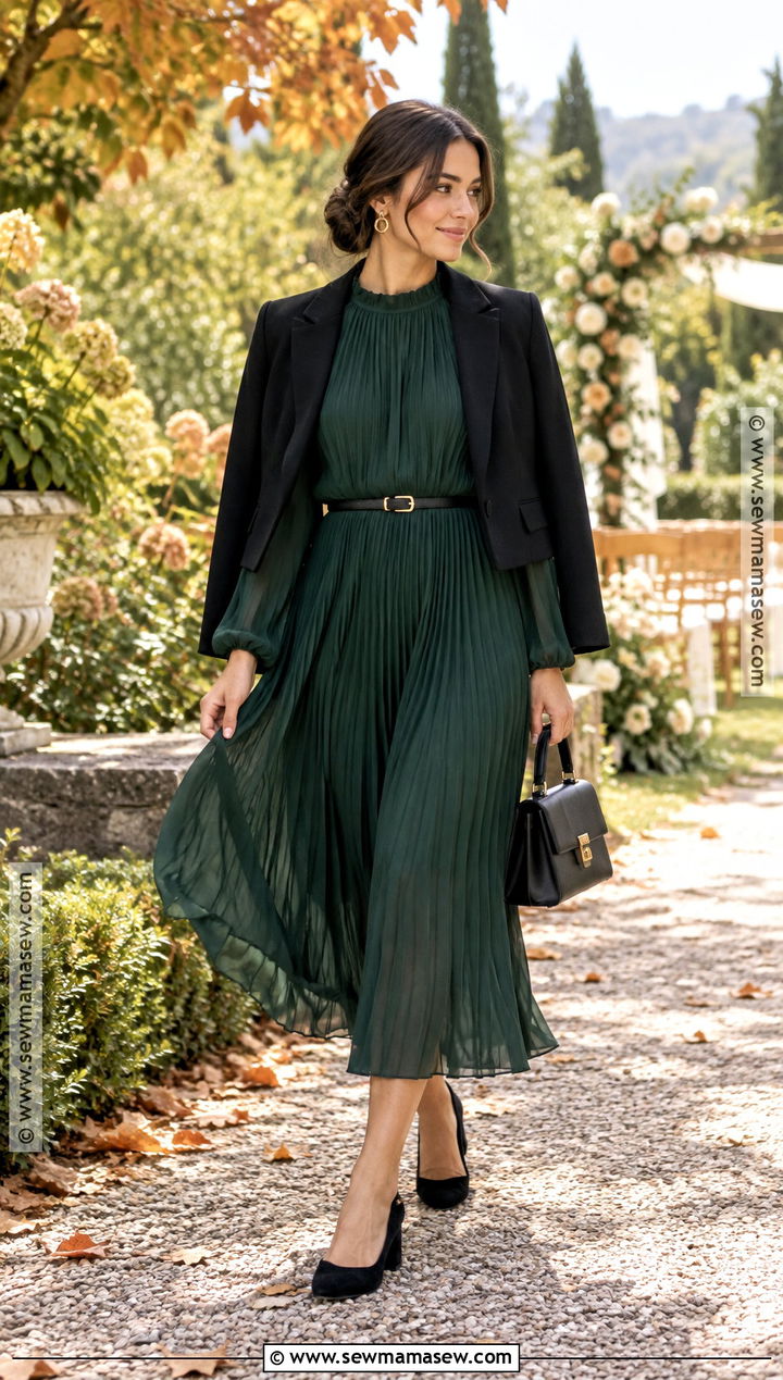 Forest Green Pleated Fall Wedding Guest Dress - 15 Fall Wedding Guest Dress Outdoor Ideas