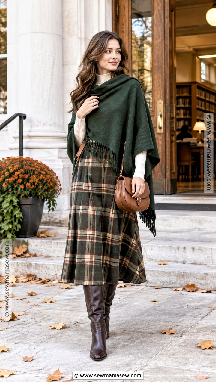 Forest Green Poncho With Plaid Skirt And Tall Boots - 15 autumn color poncho ideas