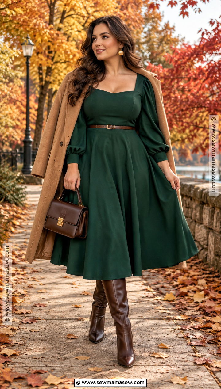 Forest Green Puff Sleeve Dress Fall Princess Outfit - 15 Fall Princess Outfit Ideas