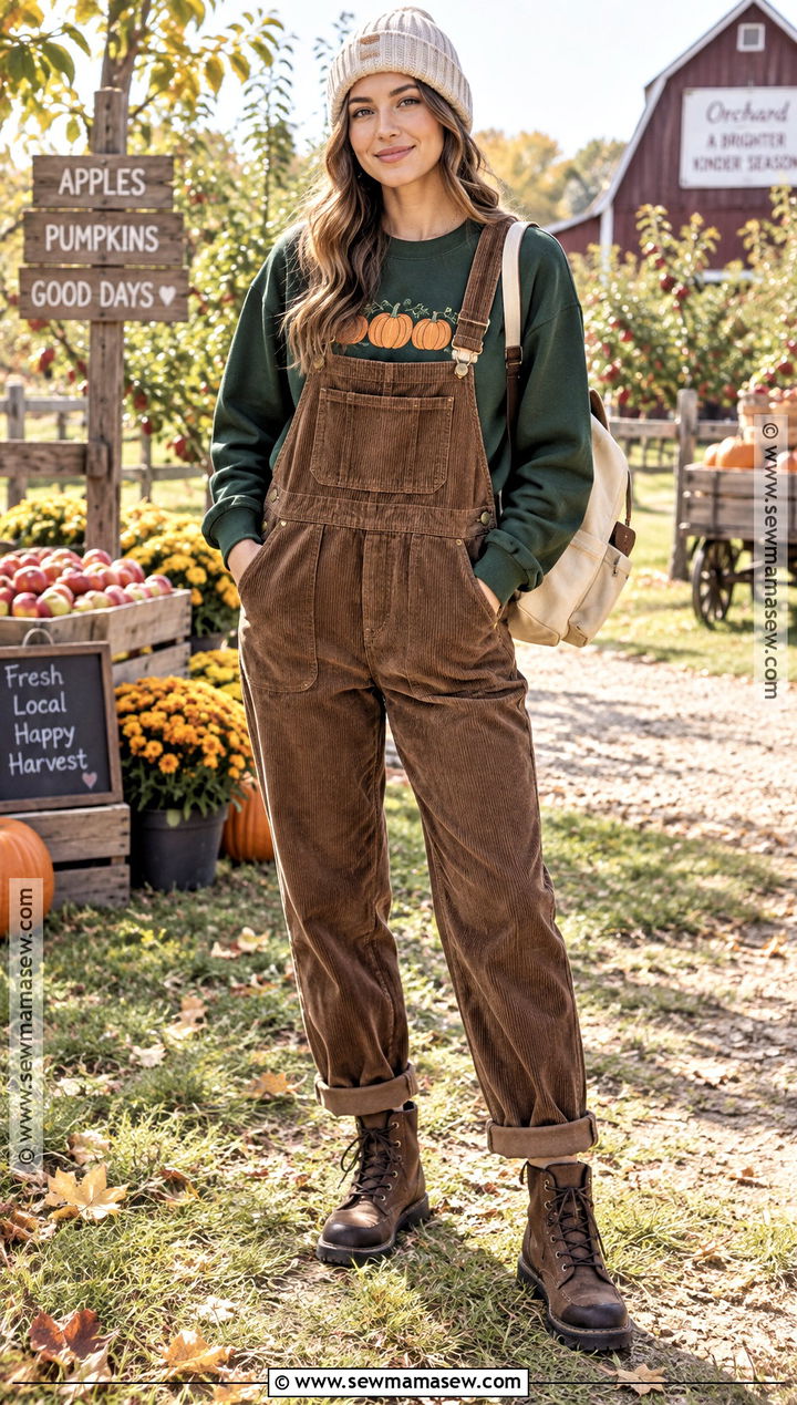 Forest Green Pumpkin Embroidered Sweatshirt Outfit With Overalls - 20 Fall Embroidered Sweatshirts Ideas