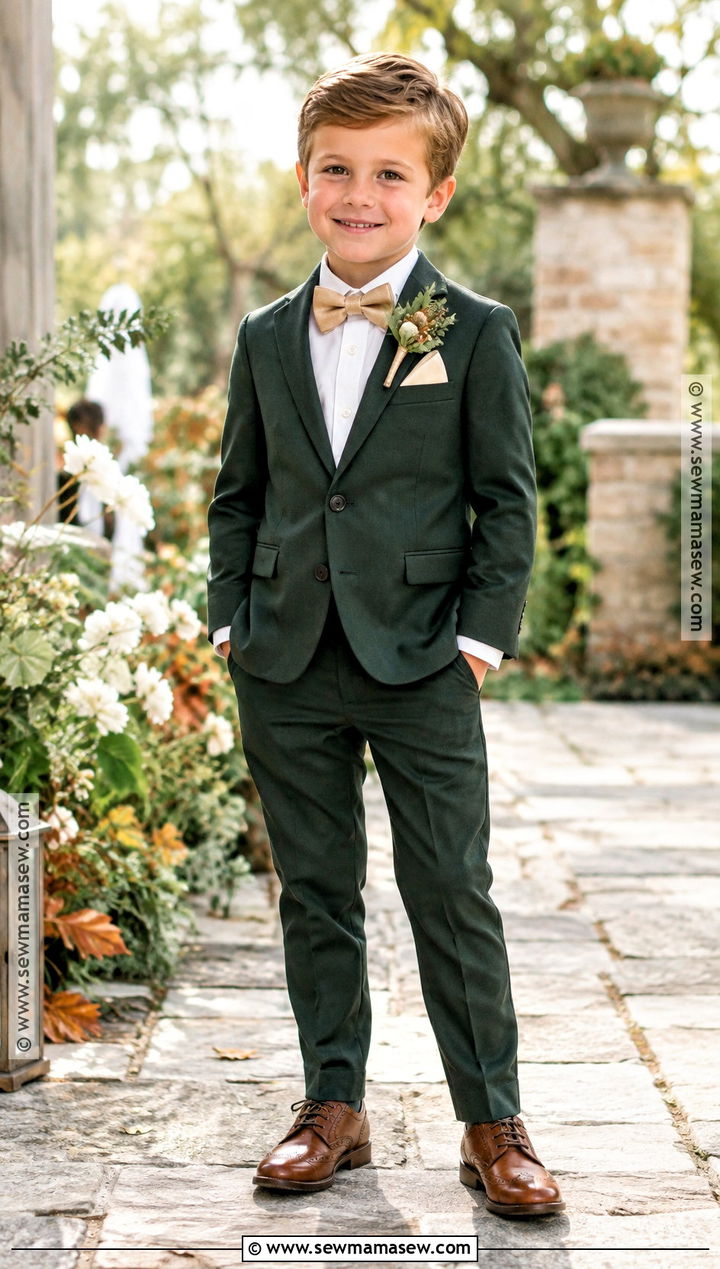 Forest Green Ring Bearer Suit With Gold Bow Tie - 15 ring bearer outfit fall wedding ideas