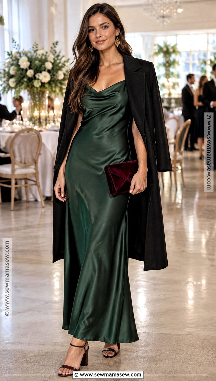 Forest Green Satin Dress With Velvet Accessories - 15 boho wedding guest dress fall ideas