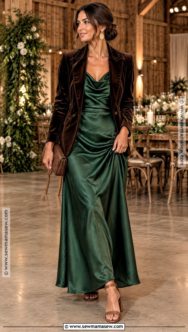 Forest Green Satin Maxi Dress Outfit - 15 fall rustic wedding guest outfit ideas