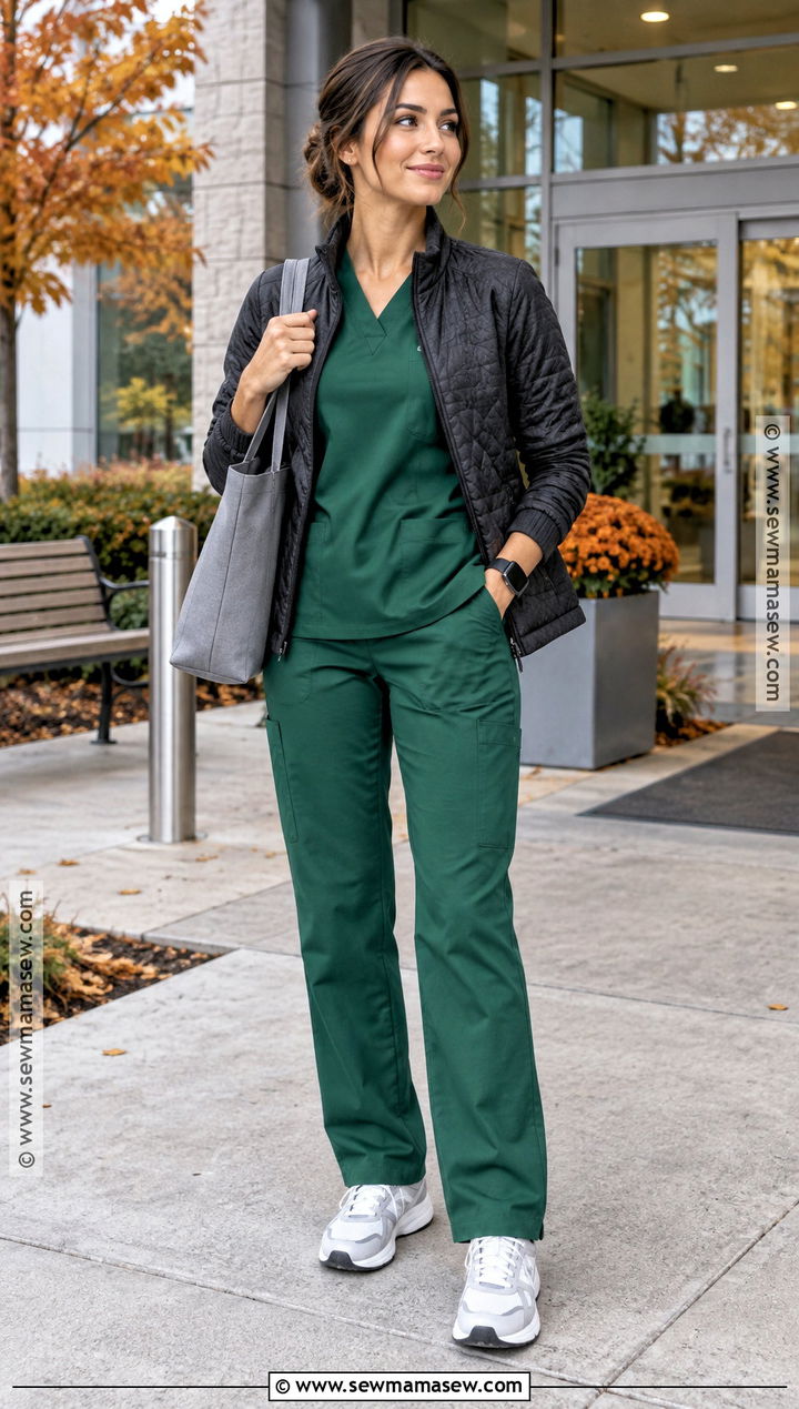 Forest Green Scrubs With White Sneakers - 20 Fall Scrub Outfits