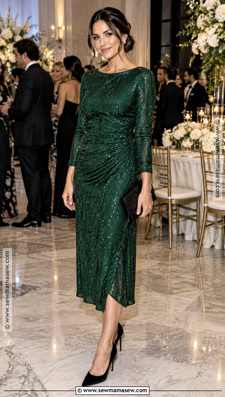 Forest Green Sequin Cocktail Dress Outfit - 15 formal cocktail dress wedding guest fall ideas