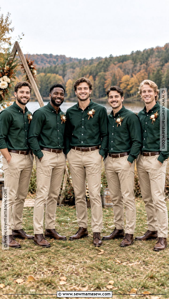 Forest Green Shirt and Khaki Pants Groomsmen Attire - 15 casual fall groomsmen attire ideas
