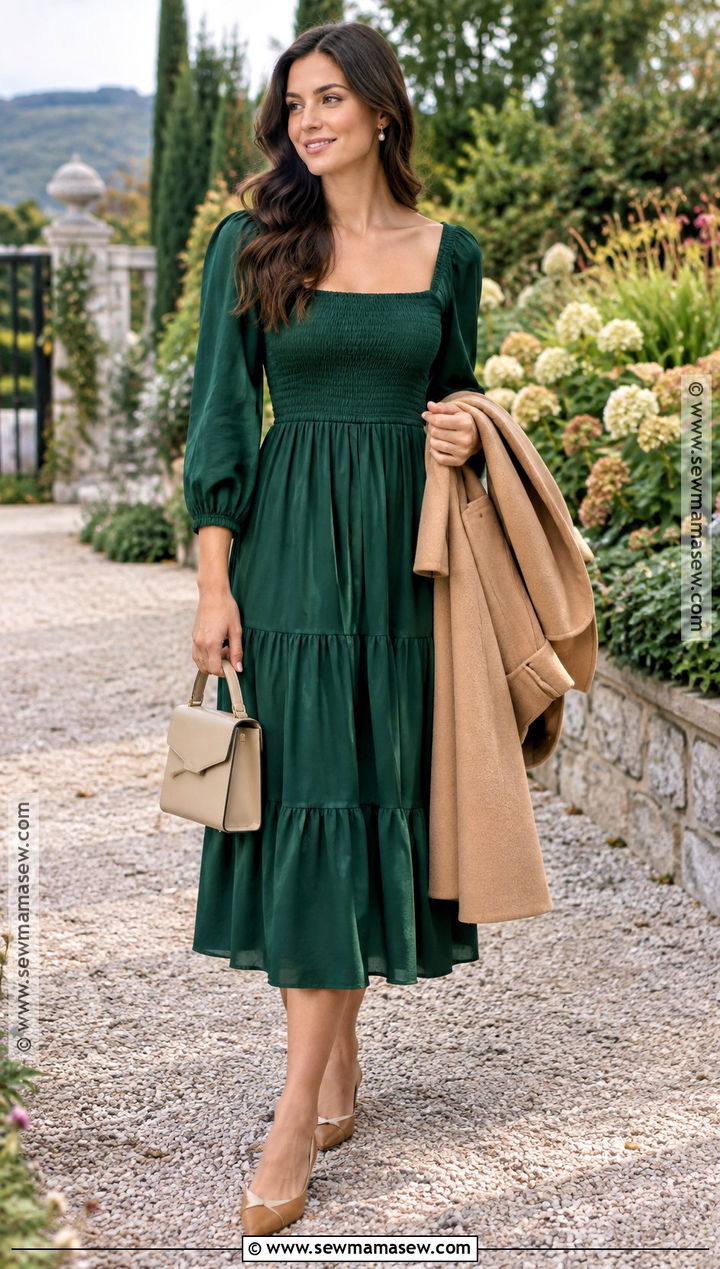 Forest Green Smocked Midi Fall Wedding Guest Dress - 15 Fall Wedding Guest Dress Casual Outdoor Ideas