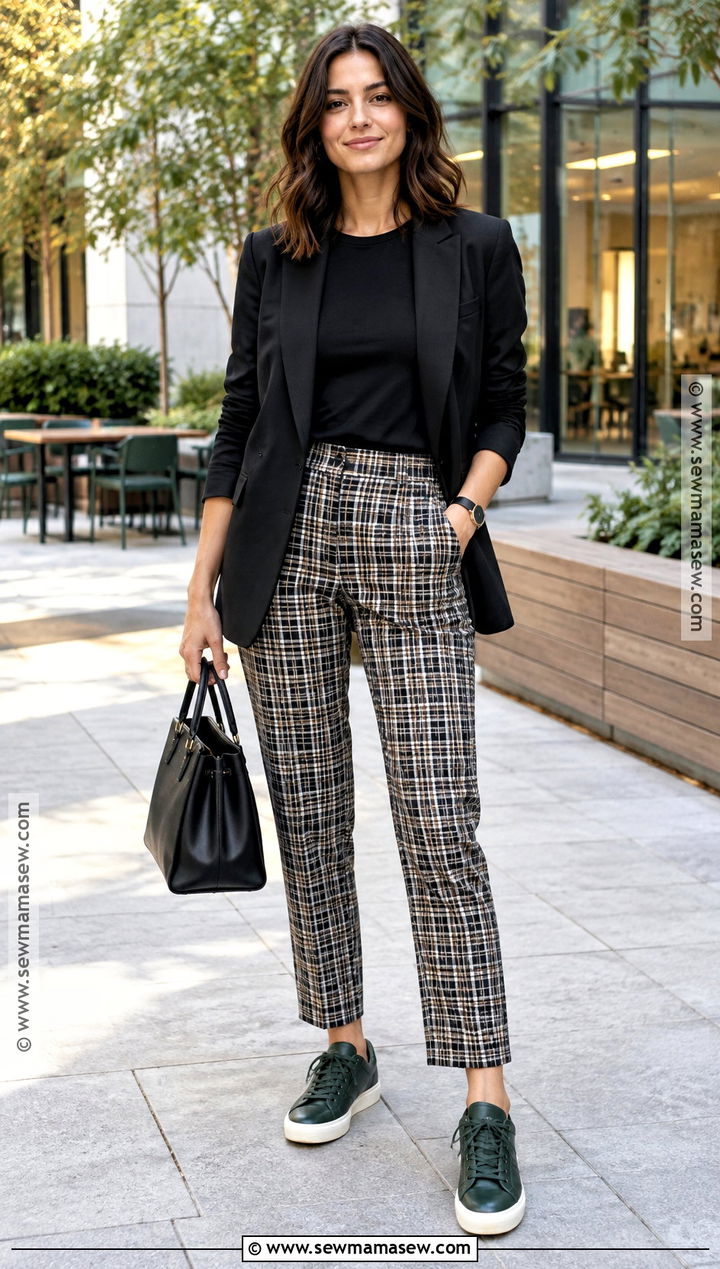 Forest Green Sneakers With Plaid Pants and Black Blazer - 15 Fall Color Sneakers
