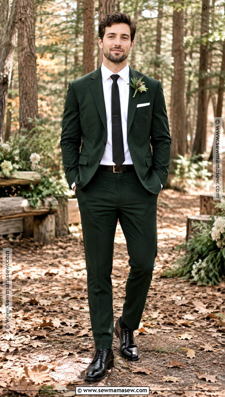 Forest Green Suit With Black Accessories - 15 fall outdoor wedding groom attire ideas