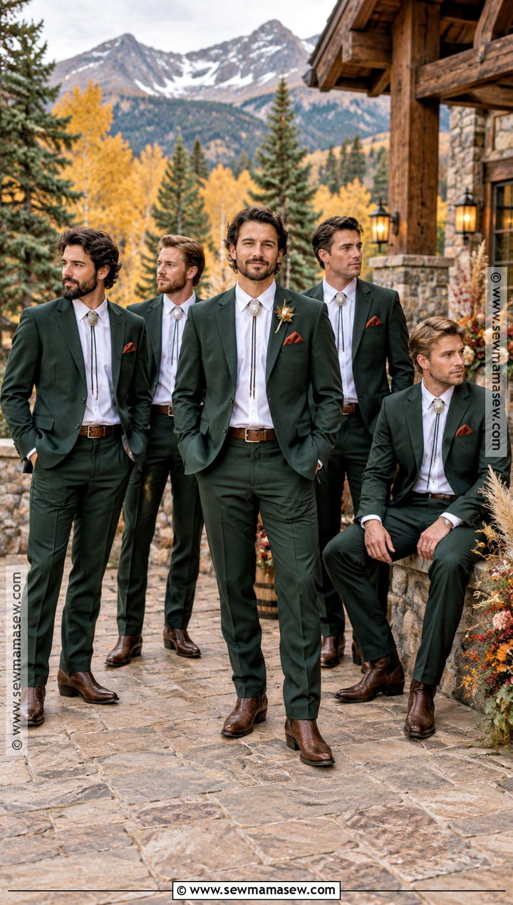 Forest Green Suit With Bolo Tie - 15 fall wedding groomsmen attire western ideas