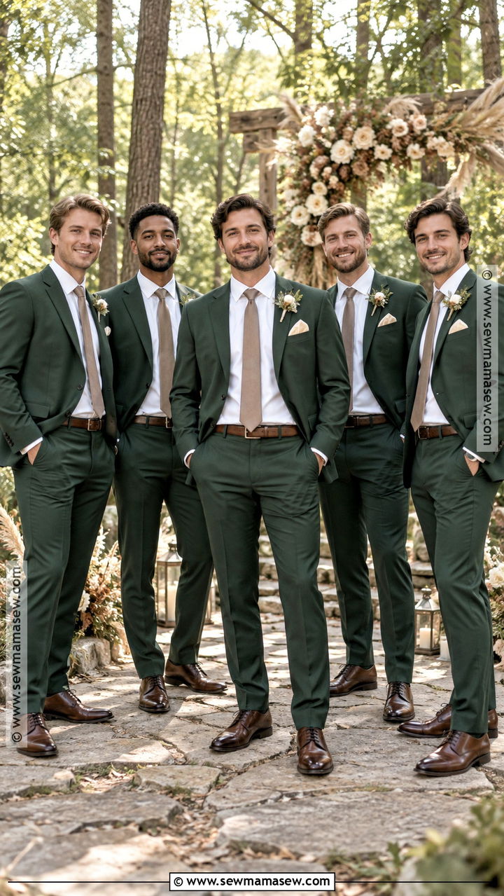 Forest Green Suit With Brown Shoes - 20 groomsmen fall wedding attire ideas