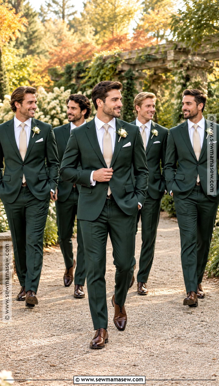 Forest Green Suit With Champagne Tie Groomsmen Attire - 15 groomsmen attire fall color combos