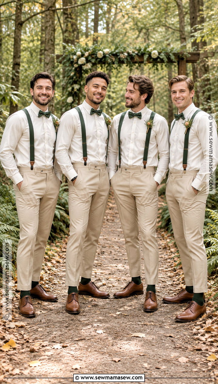 Forest Green Suspenders With Beige Trousers - 15 fall wedding groomsmen attire suspenders ideas