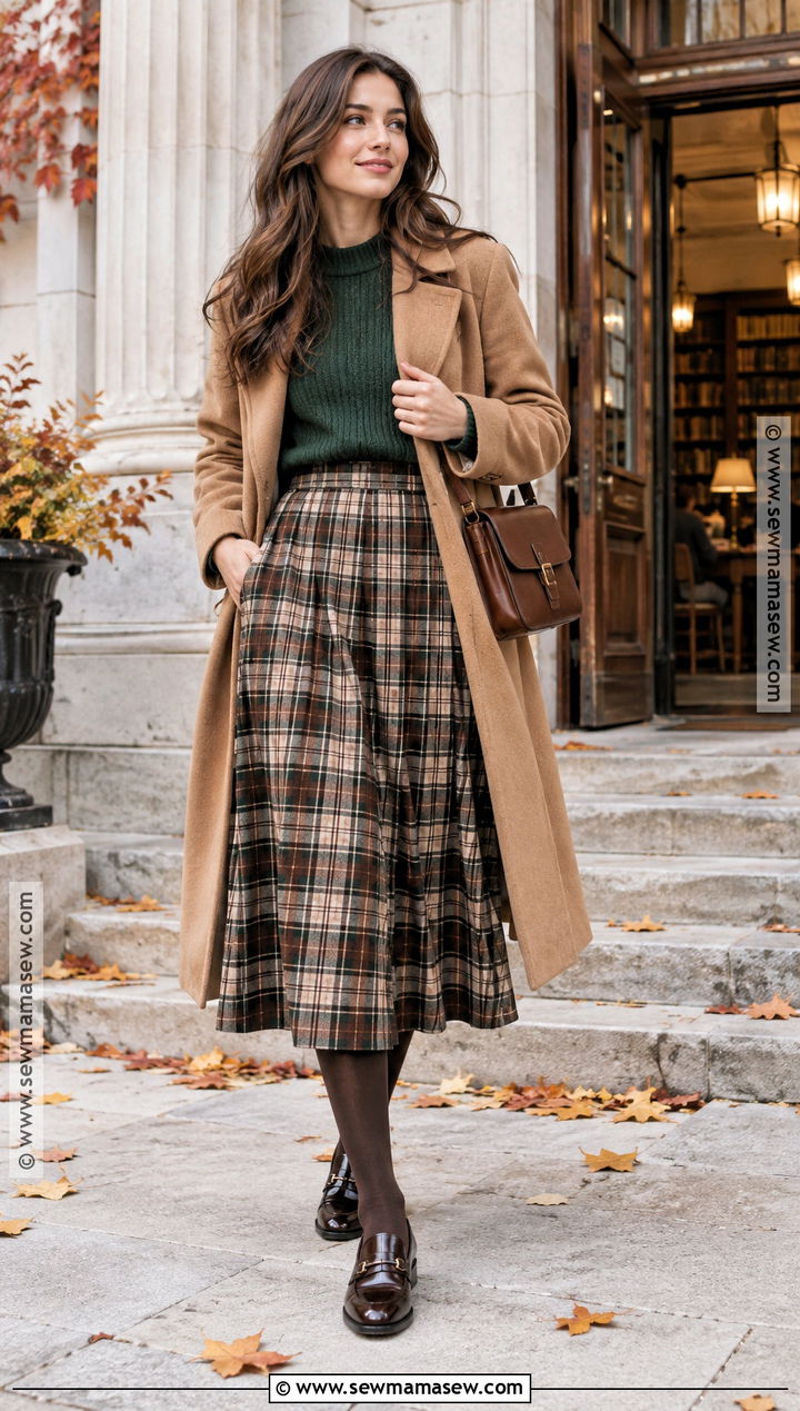 Forest Green Sweater And Plaid Skirt Outfit - 15 Autumn Green Outfit Ideas