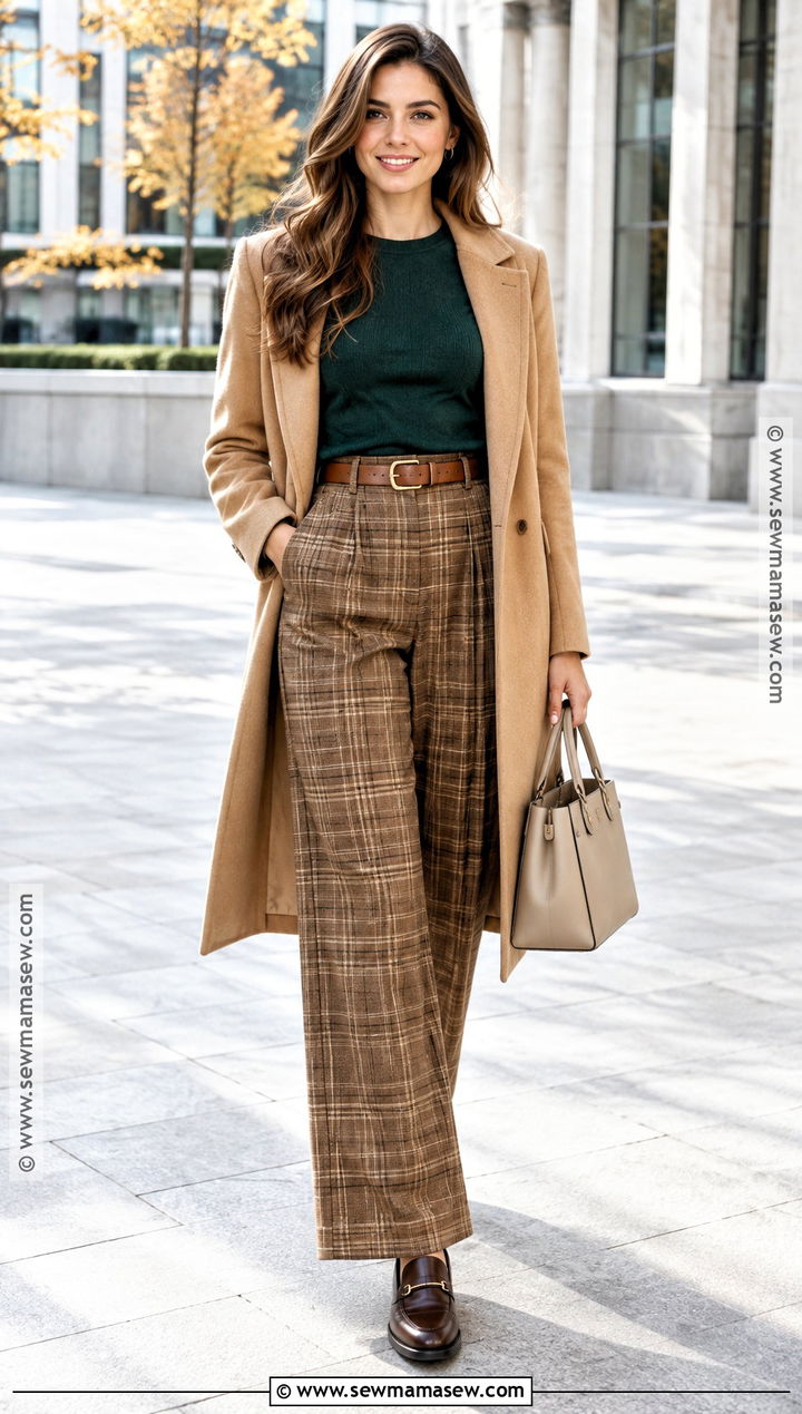 Forest Green Sweater And Plaid Trousers Autumn Outfit - 20 Hoc Autumn Outfits