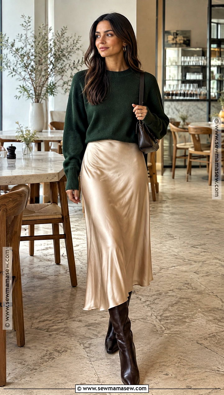 Forest Green Sweater And Satin Skirt Outfit - 15 Autumn Green Outfit Ideas