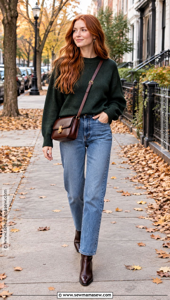Forest Green Sweater And Straight Leg Jeans Outfit - 15 red head fall outfit ideas