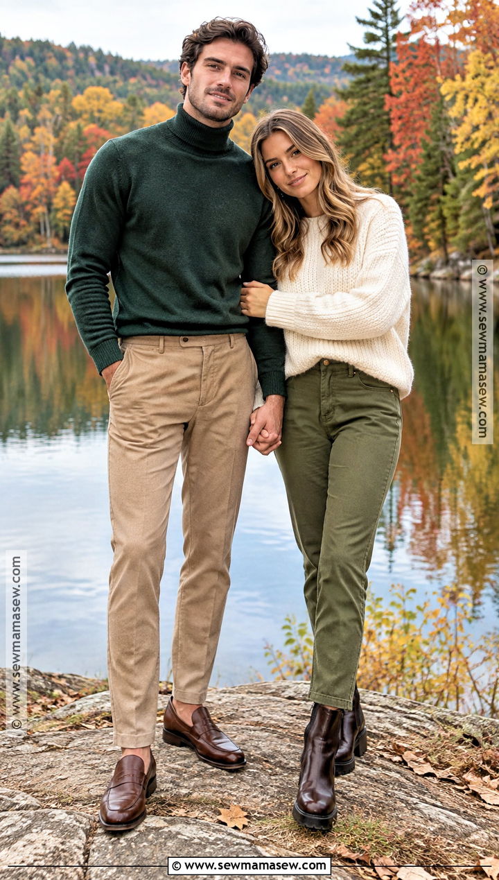 Forest Green Sweater And Tan Pants Fall Couple Outfit - 20 fall couple photoshoot outfits photo ideas outdoor