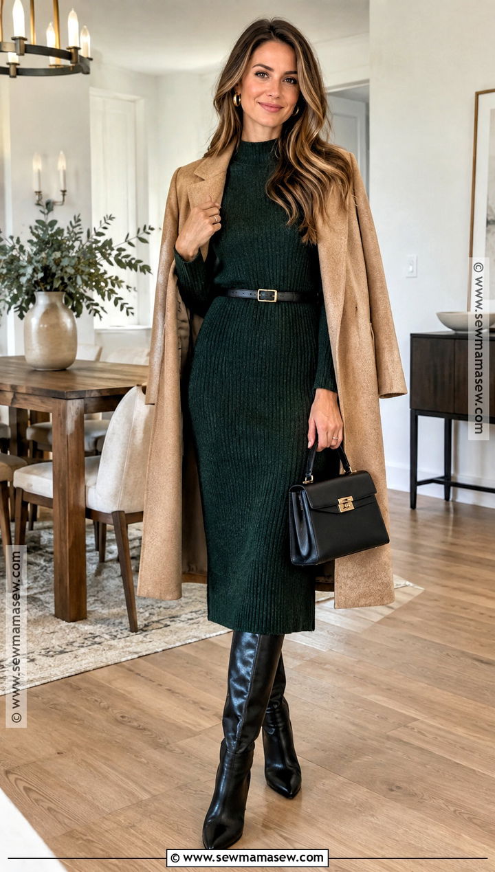 Forest Green Sweater Midi Dress - 20 fall party dress ideas