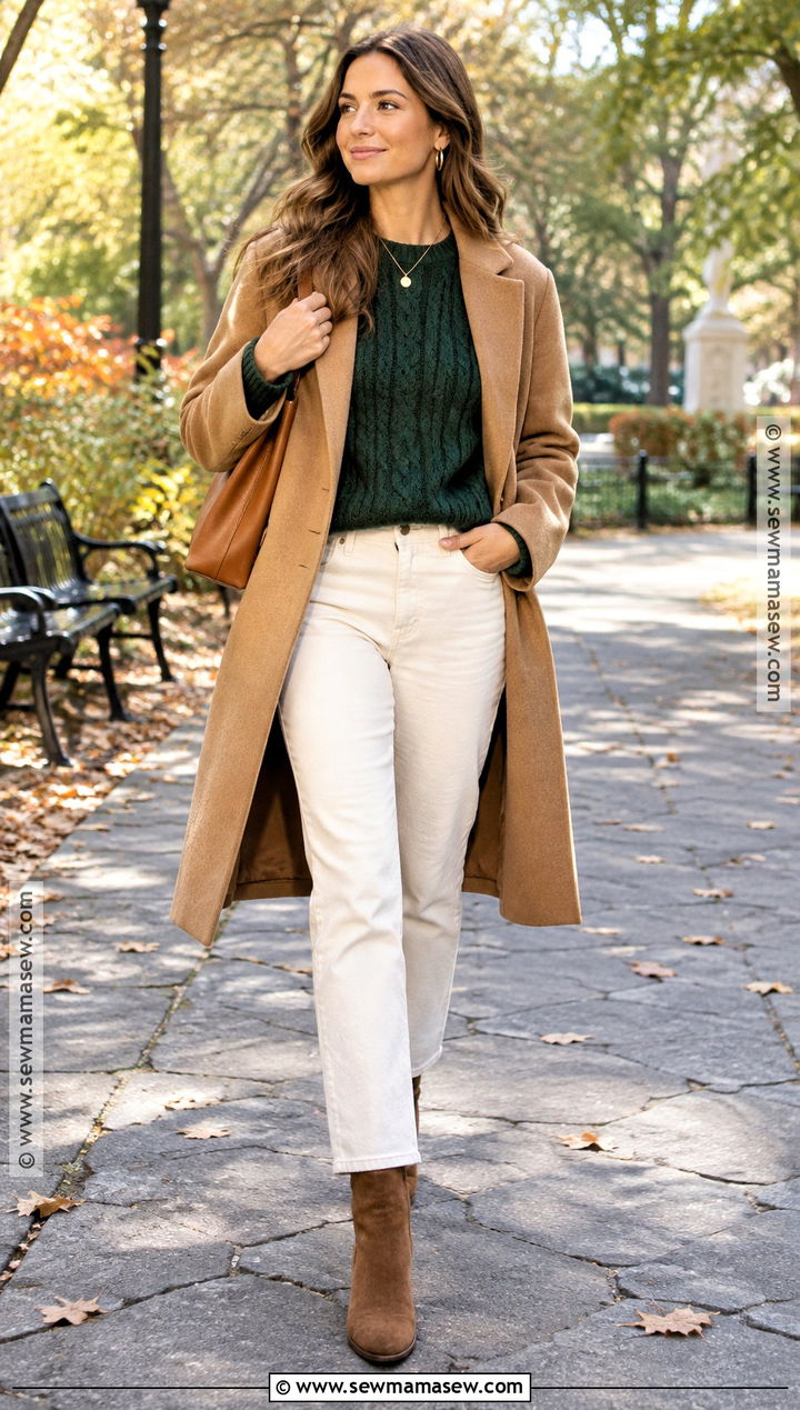 Forest Green Sweater With Cream Jeans - 15 autumn color palette sweater ideas