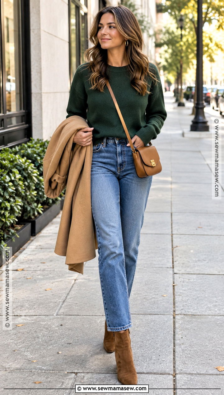 Forest Green Sweater With Straight Leg Jeans - 15 Cozy Green Sweater Fall Ideas