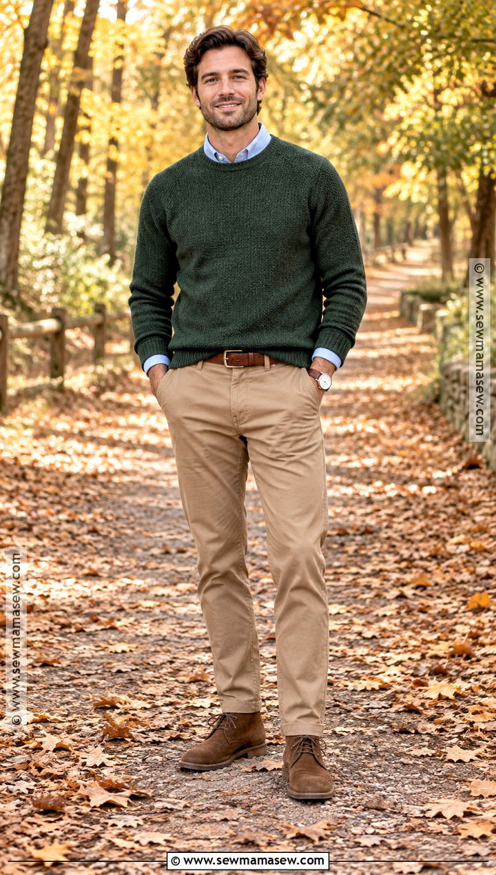 Forest Green Sweater With Tan Chinos - 15 fall family photo outfits for men