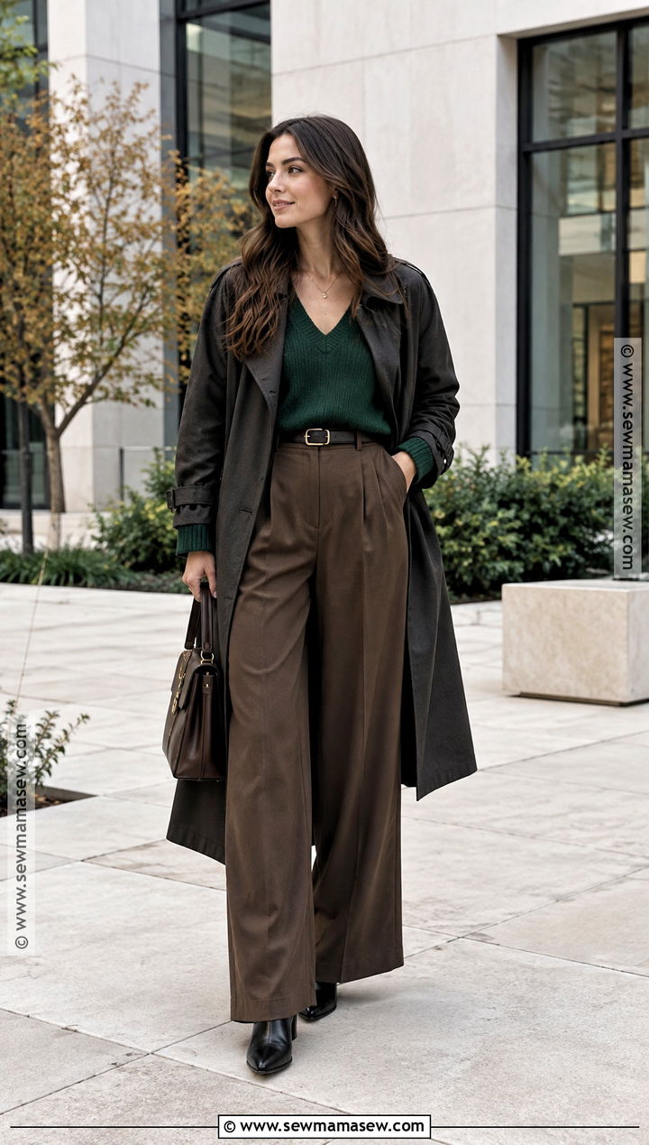 Forest Green Sweater and Brown Trousers Fall Outfit - 15 Moody Fall Outfits for Women
