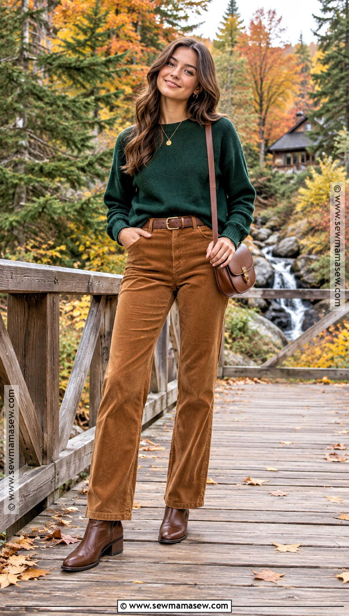 Forest Green Sweater and Corduroy Pants Senior Picture Outfit - 15 autumn senior pictures outfits