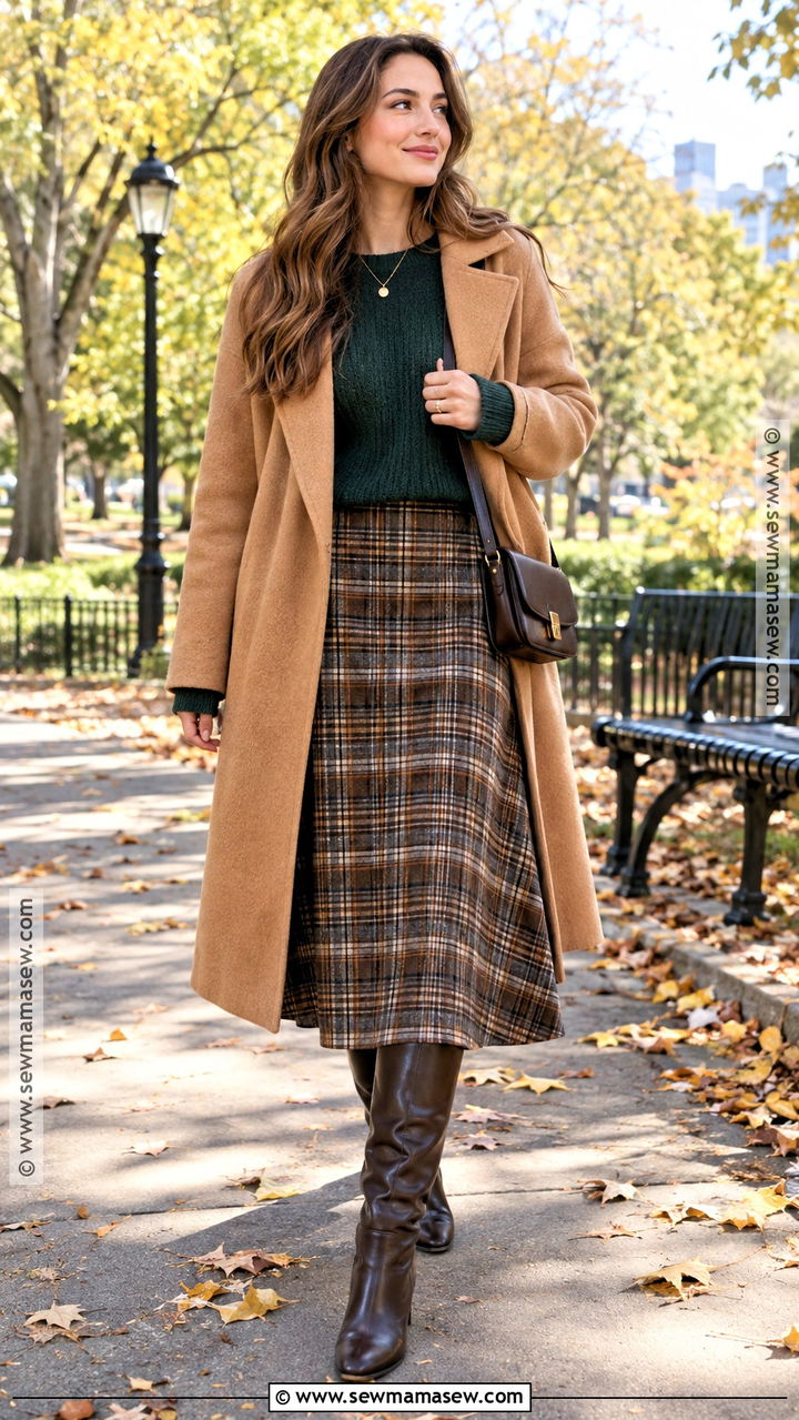 Forest Green Sweater and Plaid Skirt Outfit - 20 Green Fall Outfits for Women