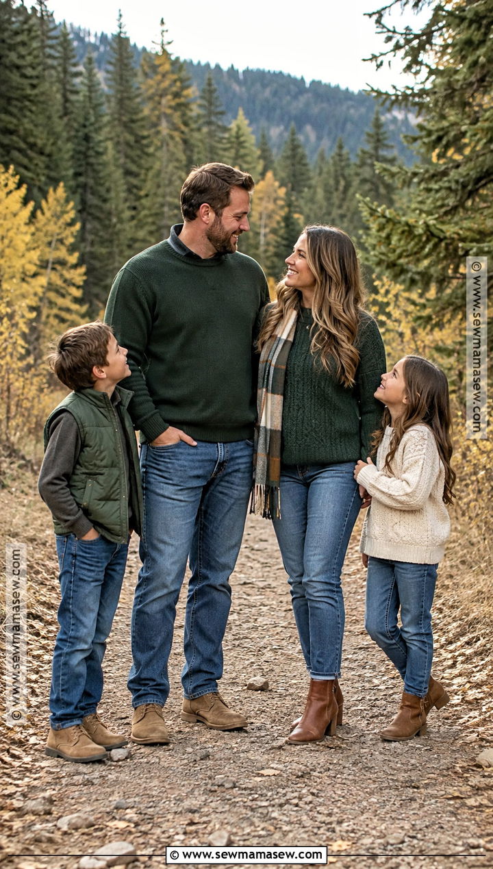 Forest Green Sweaters And Blue Jeans Family Outfit - 15 fall family photo outfits outdoor jeans