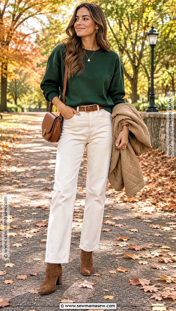 Forest Green Sweatshirt With Ecru Jeans - 25 fall sweatshirt ideas